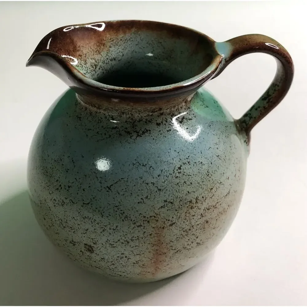 MCM Mid Century Modern NICODEMUS Pottery Creamer Pitcher Turquoise Brown Glaze